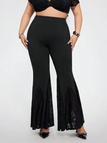 SHEIN ICON Plus Size Black Lace Patchwork Flare Leg Pants, Punk Style - Black - View 6
