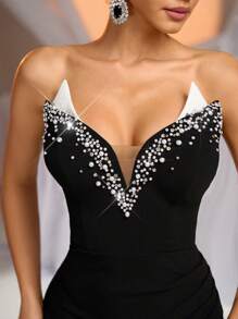 Glamrae Elegant Contrast Color Unique Fish Bone Bralette With Luxury Rhinestone Handcrafted Beading Side High Slit Fishtail Train Formal Gown, Wedding Guest Dress, Party Dress, Evening Dress - Black - View 2