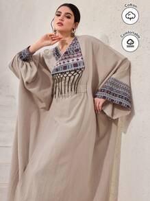 Al Najma Vestido de manga larga, estilo árabe modesto, con parches de unicolor y decoración con flecos para mujer - Albaricoque - Ver 7