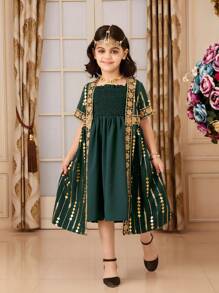 Girls' Camisole Sleeveless Dress+Long Robe Jacket With Open Front Two-Piece Set, Embossed Fabric Princess Style Elegant - Dark Green - View 1