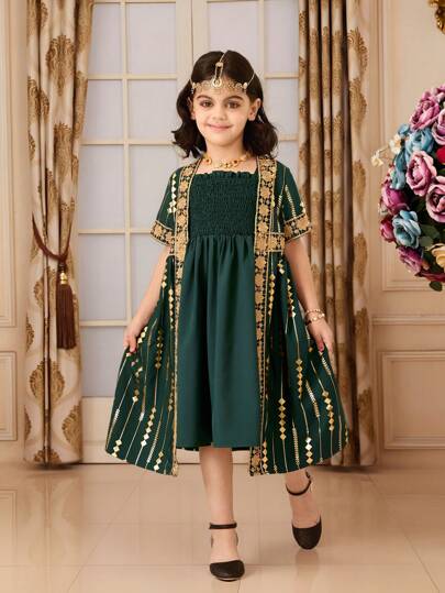 Girls' Camisole Sleeveless Dress+Long Robe Jacket With Open Front Two-Piece Set, Embossed Fabric Princess Style Elegant