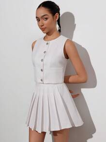 Aveloria Affinna Conjunto de traje de mujer de estilo simple de moda con chaleco corto con botones al estilo chic francés campus combinado con falda mini plisada de cintura alta formando un conjunto de tweed - Blanco - Ver 4