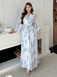 DAZY 女士印花灯笼袖优雅连衣裙，秋季长袖连衣裙，复活节 - 藍色 - 查看 5