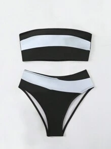 Swim Vcay Color Block Two-Piece Bikini Swimwear Set For Beach Summer Vacation