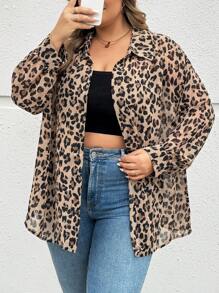 SHEIN CURVE+ Áo cánh thường ngày họa tiết da báo dài tay cài nút phía trước cỡ lớn - Nhiều màu - Xem 3