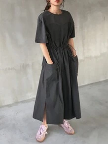 FRIFUL Women's Loose Fit Color Block Waist Pocket Patchwork Round Neck Mid-Length Dress Sundress - Grey - View 2