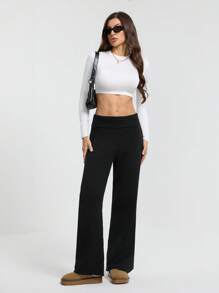 SHEIN Tall Women's Black Knitted Pants With Cuffed Waist And Flared Legs