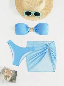 Swim SXY 3-Piece Spring Break Set: Solid Color Bandeau Sexy And Elegant Holiday Bikini, Paired With Starfish Metal Accessory, Mesh Side Gather Skirt, Beach Party Women Swimwear For Summer Beach Vacation
