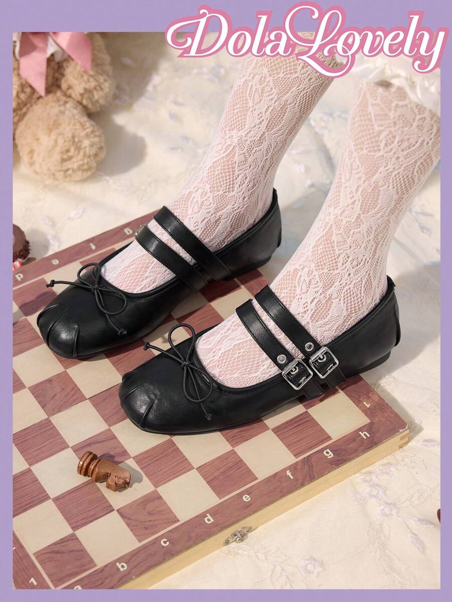 Dola Lovely 1 Pair Women's Flat Mary Jane Shoes, Pink Bowknot & Rhinestones Slip-On Flats, Suitable For Outdoor Wear, Versatile And Comfortable Spring Shoes Spring Break Easter - Black - View 1