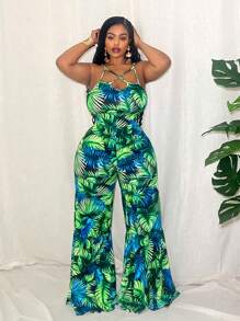 Slaydiva Monos de verano casuales nuevos de 2025 con estampado floral verde, sin mangas, con tirantes cruzados y con capas, para talla grande, adecuados para vacaciones, fiestas y ocasiones elegantes en primavera/verano