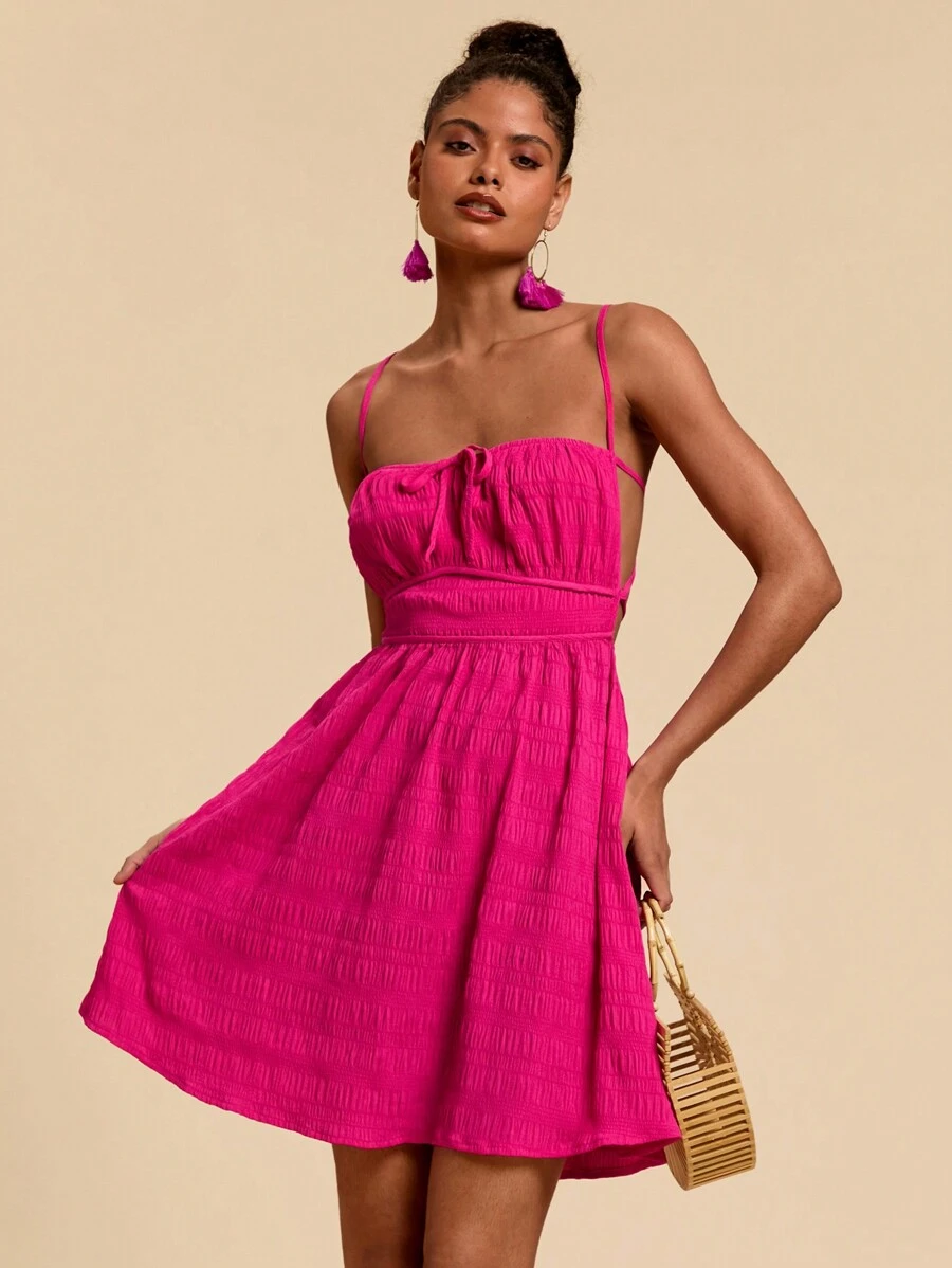 Travachic Women Solid Color Woven Backless Spaghetti Strap Mini Dresss,Spring&Summer,Beach Outfits For Woman,Western Wear Women,Spring Break,Concert Outfit Women,Boho,Rave Outfits,Tropical Vacation, Festival,Romantic Casual Summer Outfits Women,Tropical Outfit