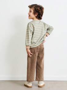 SHEIN Young Boys Cloud Embroidered Striped Pattern Contrast Collar Rib Raglan Long Sleeve T-Shirts, Casual Sports Style, Suitable For Winter And Spring - Green - View 7