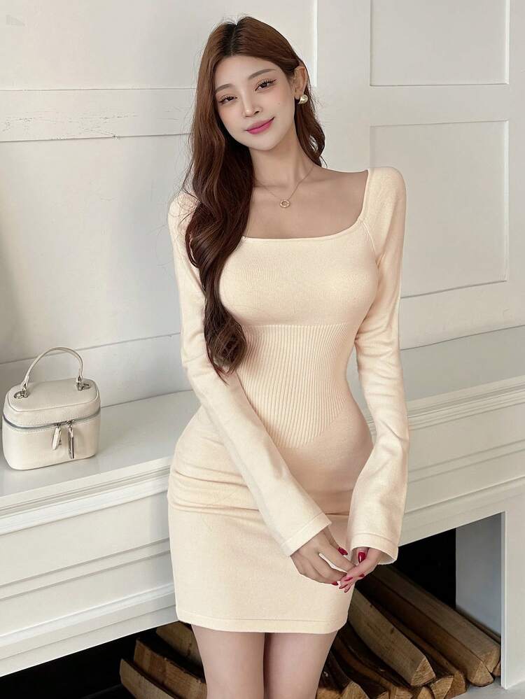 Women's Wrap Front Tied Waist Short Bodycon Sweater Dress, Apricot, Spring/Summer,Fall Clothes