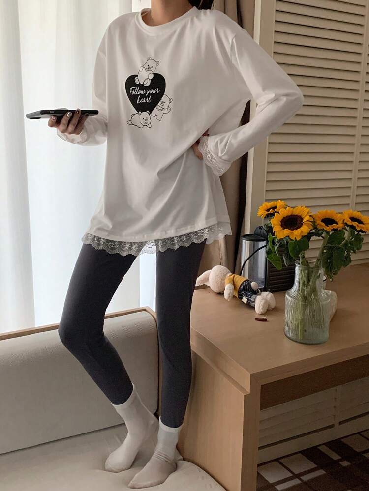 Cute Bear Heart Graphic Print Lace Trim Blouse & Slim Fit Pants Pajama Set