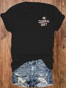 Flirla Letter Printed Round Neck T-Shirt, Casual Short Sleeve Top For Women's Clothing, Spring/Summer - Black - View 3