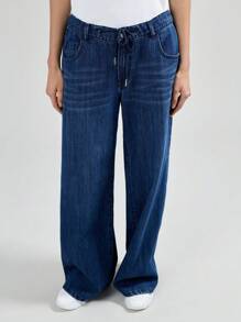 Ontre Women's Dark Blue Jeans Casual Low Rise Wide Leg Pants Drawstring Waistband Spring Jeans - Dark Wash - View 6