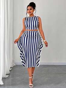 Maweii 大码夏季优雅休闲无袖条纹印花背心和紧身裙 2 件套