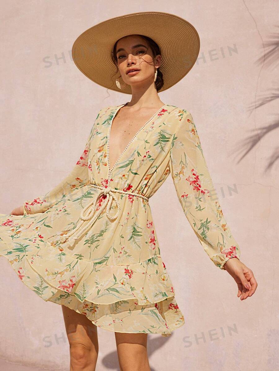Aveloria Rosie Vestido corto de mujer de estilo boho, vacacional y de moda con estampado todo sobre, de cuello en V, mangas largas, cintura con lazo y estilo retro romántico elegante con estampado floral diminuto de gasa