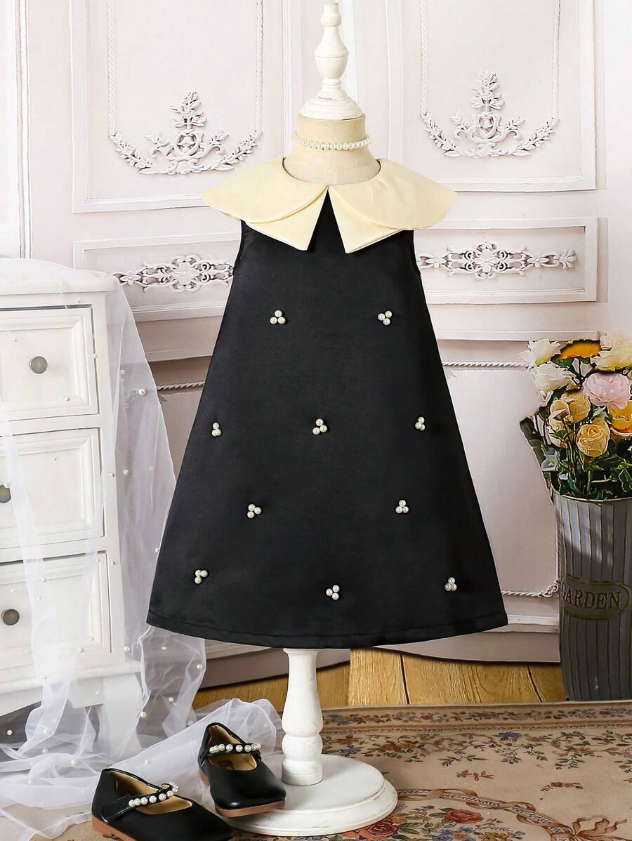 SHEIN Young Girl Cute Peter Pan Collar Bowknot Faux Pearl Decor Loose Sleeveless Dress - Black and White - View 1