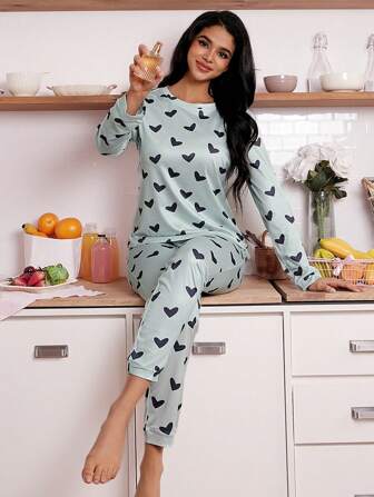 SweetSlumber 女士心形印花长袖上衣和裤子睡衣套装