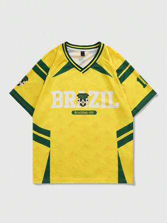 Street Life Men's Jersey Letter Print Short Sleeve Brazil Soccer Sports T-Shirt