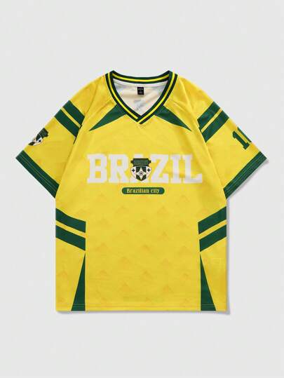 Street Life Camiseta de fútbol de manga corta con gráfico de letras para hombre, estilo Brasil, otoño