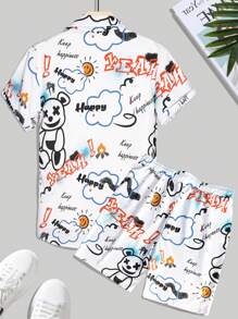 Manfinity RSRT Cartoon Print Short Sleeve Shirt And Shorts Set For Men (Asymmetric Print) Men Vacation Shirts Shirts For Beach Men Men Beach Shirts, Cartoon Shirt Men,Men Casual Cartoon Pattern Printed Short-Sleeve Shirt Suit,Perfect As Gifts For Boyfriends Or Husbands." Men Shorts Set ,Men Two Pieces Outfits ,"Beach Vacation Outfit Coordination"