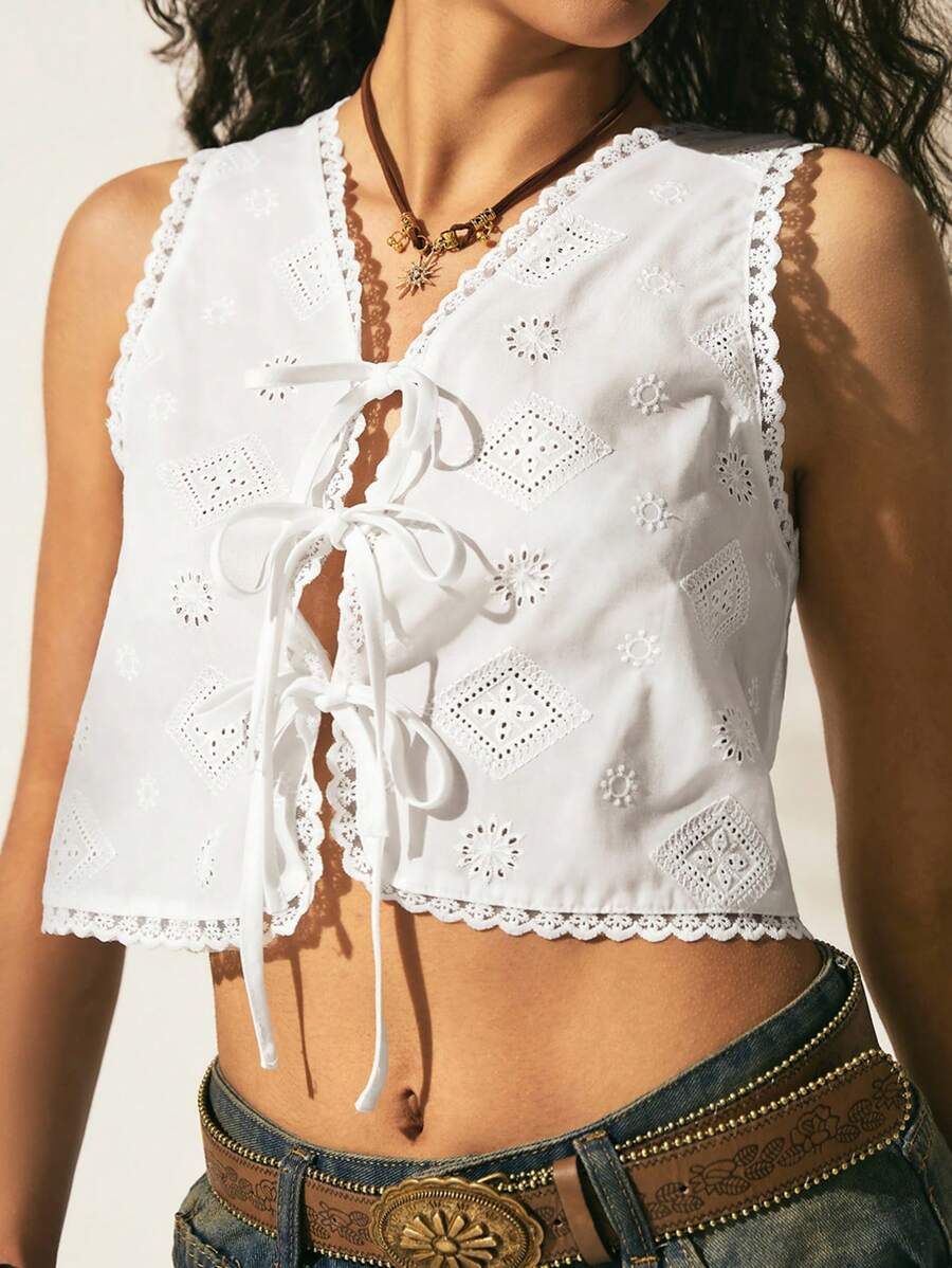 Easelle 2025 New Arrival  Spring/Summer Vintage Bohemian Women
Hollow Embroidery White Woven Sleeveless Front Tie-Up Shirt - White - View 1