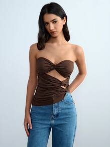 Lumivelle Figurbetontes ärmelloses Crop Top in Unifarbe mit verdrehter, gefalteter, ausgeschnittener asymmetrischer Abzugskante, sexy, elegant, glamourös, Y2K, minimalistisch, lässig für Damen, Frühling/Sommer