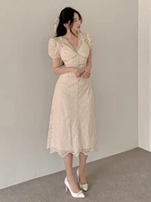 DAZY 女士蕾丝镶钻吊带拼接中长连衣裙 夏季舞会礼服 长款连衣裙 - 米色 - 查看 6