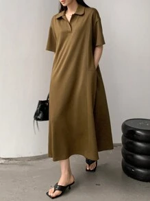 Dazy-Less 休闲商务直筒宽松拼接中长连衣裙女士夏季太阳裙衬衫裙 - 駝色 - 查看 3