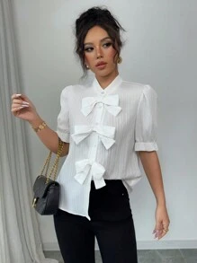 Selianne Fashion Versatile Stand Collar Bow Decor Bubble Sleeve Textured Fabric Women Shirt - White - View 5