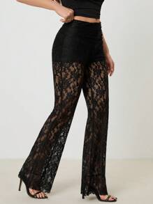 SHEIN Tall Women's Retro Side Drawstring Street Fashion Slim Fit Lace Flared Pants