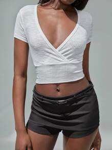 TRNVIE V-Neck Casual Cropped Ribbed T-Shirt, Versatile - White - View 4