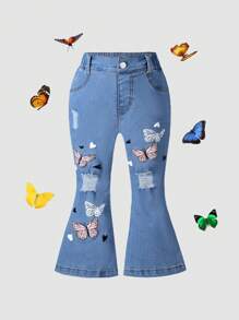 Young Girls Street Style Fashionable Fitted Distressed Color Butterfly Print Flared Mid-Washed Blue Casual Jeans Pants For Spring/Autumn - Medium Wash - View 3