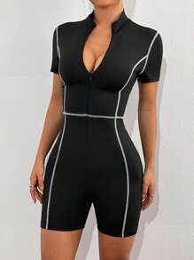 Muchica Women's Zipper Placket Sleeveless Romper Unitard - Black - View 4