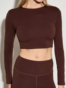 AiiRZ Luxury Athletic Two-Piece Set Long Sleeve Crop Top High Waist Biker Shorts Workout Set Premium Seamless Gym Outfit Training Activewear Fitness Set - Coffee Brown - View 7