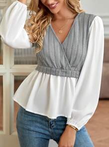 SHEIN Frenchy Women's Autumn Crossover V-Neck Long Sleeve Layered Ruffle Hem Fashionable Top - Grey - View 5