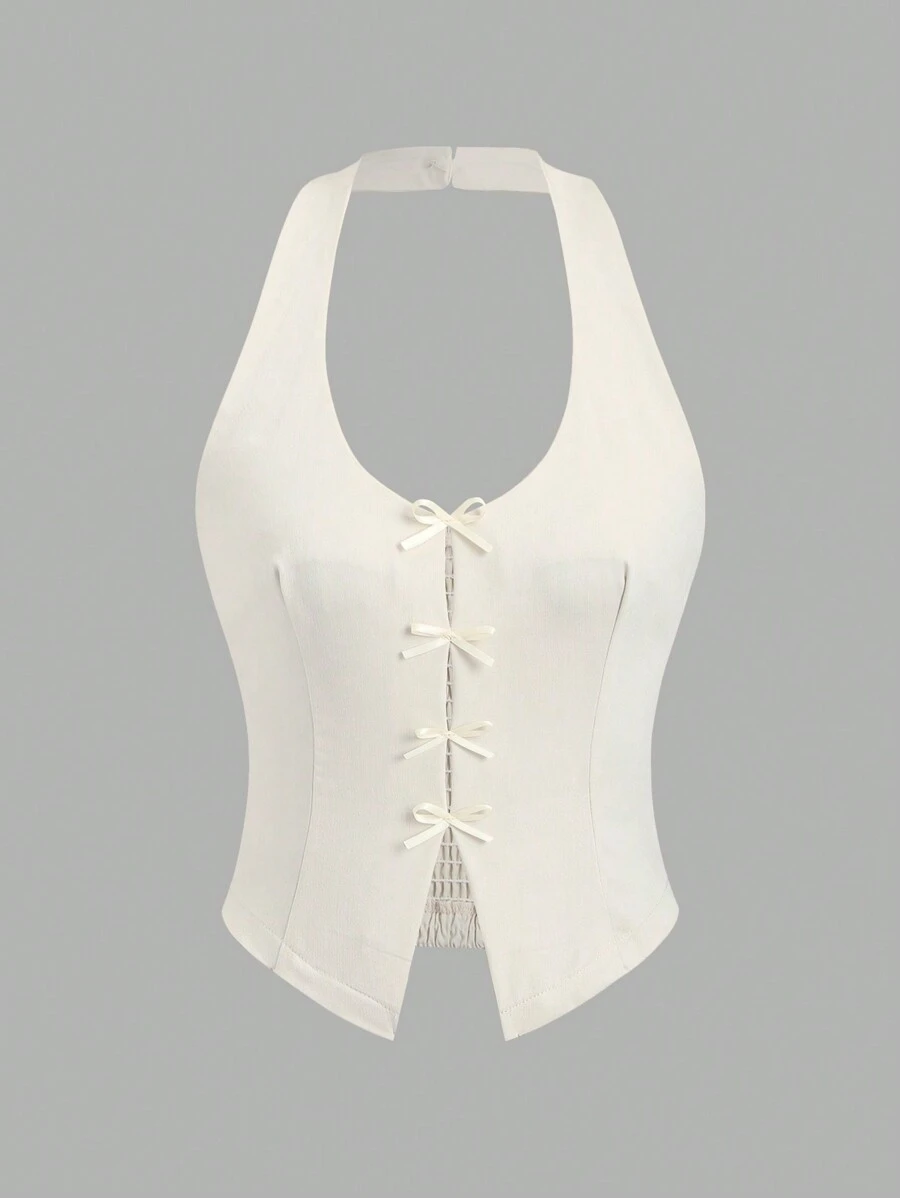 Sweetra Women's Solid Color Bowknot Halter Neck Tank Top