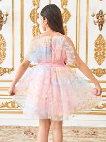 SHEIN Tween Girl 优雅蝴蝶花朵腰部修身喇叭裙 - 粉色 - 查看 2