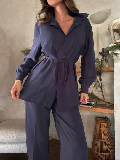 Cloudara HIDED BUTTON BELTED SHIRT & ELASTICAL WAIST PANT