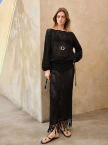 Ontre Conjunto de 2 piezas para mujer: suéter calado de punto con falda A-line con flecos, estilo bohemio casual, adecuado para vacaciones, festivales, playa, verano