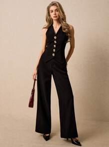 Poéselle Bộ áo vest và quần họa tiết hoa 3D dành cho nữ mùa thu/đông - màu đen - Xem 7