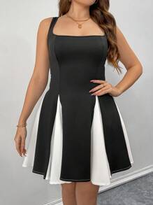 Flirla Plus Size Women's Fashion Contrast Color Simple Square Neck Dress For Summer - Black and White - View 3