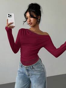 SHEIN Essnce Camiseta de mujer de manga larga con cuello de cowl asimétrico y encaje, unicolor otoñal, camiseta de encaje de manga larga para mujer, casual, para vacaciones, Año Nuevo, estilo Y2K