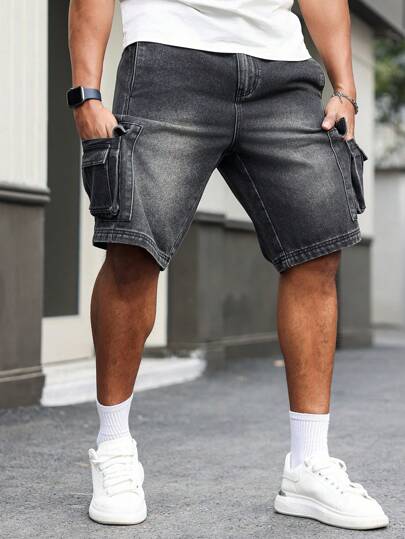 Manfinity LEGND Plus Size Heren Cargo Pocket Wijde Broek Casual Denim Shorts