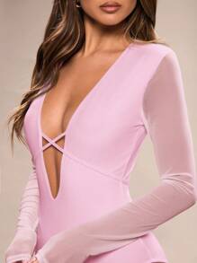 SHEIN BAE 春夏装女士纯色深 V 领网眼拼接长袖性感紧身衣 - 淺粉色 - 查看 6