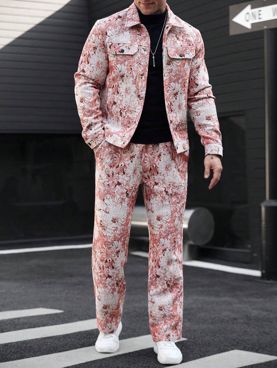 Manfinity Homme Men's Jacquard Weave Street Style Jacket Suit - Pink - View 1