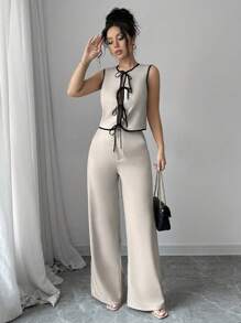 Siren Gaze Spring And Summer Women's Lace-Up Cardigan Suit, Color Block Bow, Women's Top, Solid Color Casual Loose Trousers, Women's Two-Piece Set, Daily Casual, Workplace Commuting Wear Ladies' Solid Color Top And Long Set, Perfect For Vacation/Leisure Time
