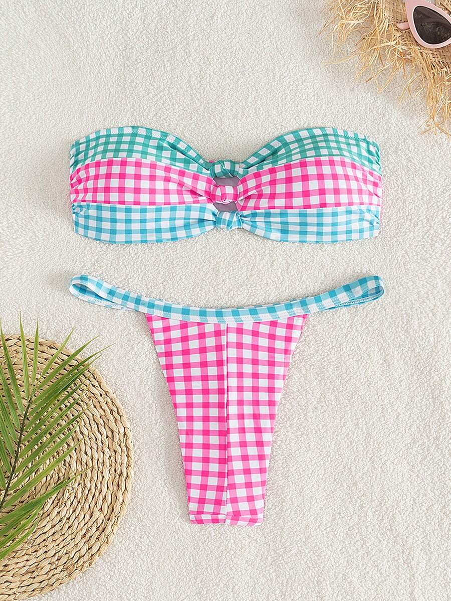 Swim Mod Women's Retro Colorblock Plaid Cute & Playful Summer Beach Vacation Bikini Set - Multicolor - View 1